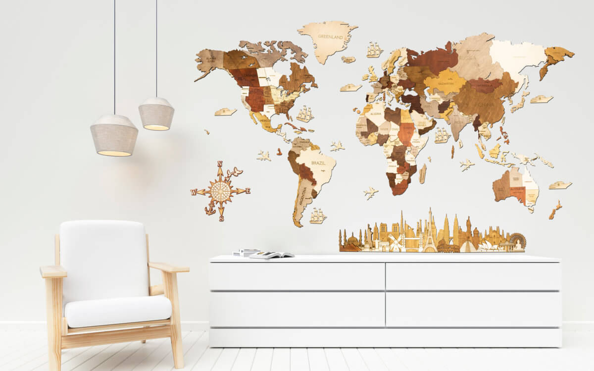 3D mapa del mundo de madera - decoración de pared