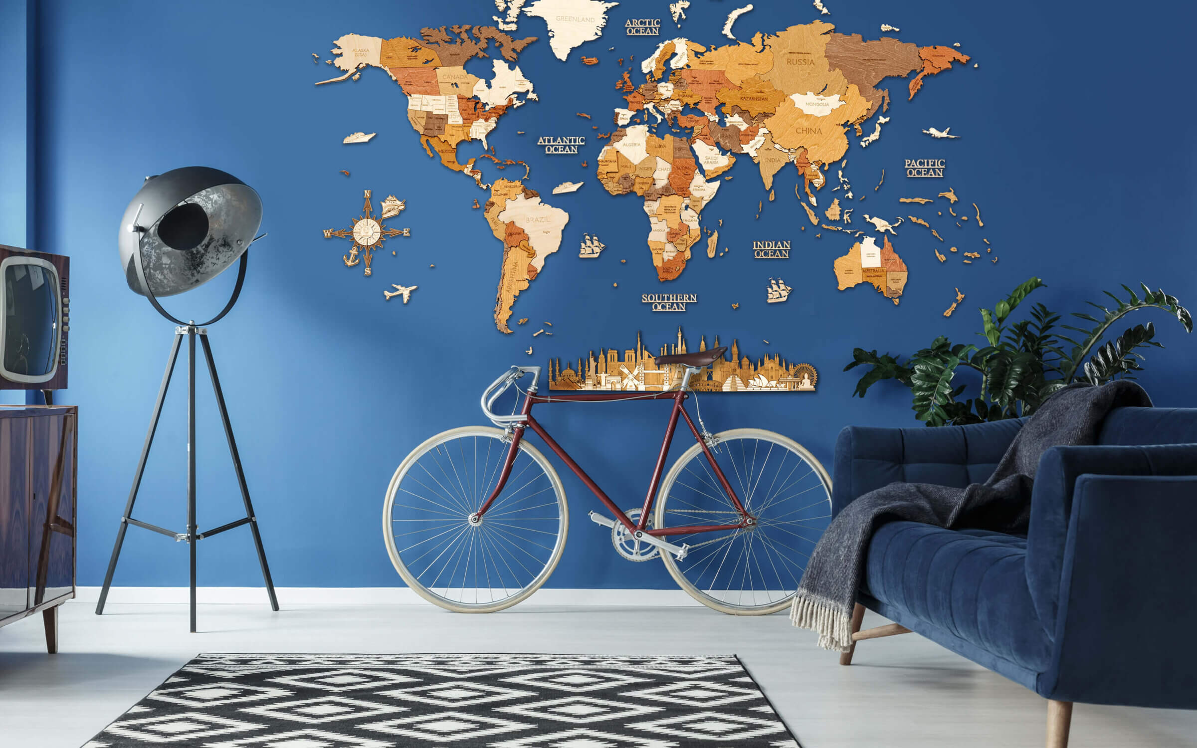 Mapa del mundo de madera - decoración de la sala de estar