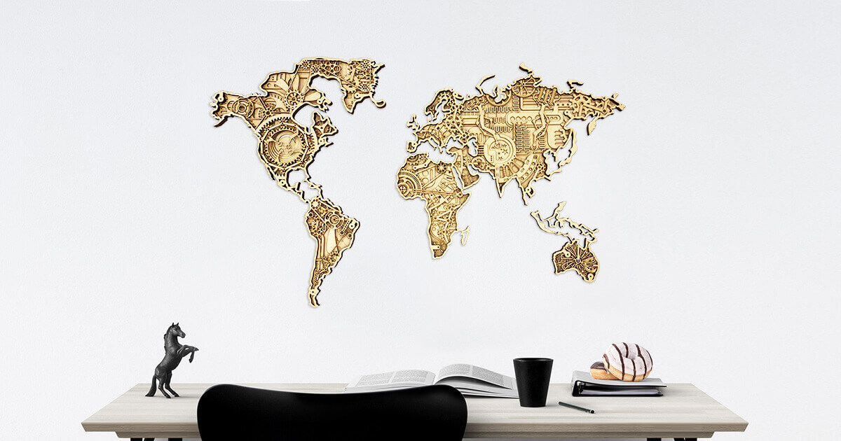 Mapa industrial de madera del mundo - montado en la pared