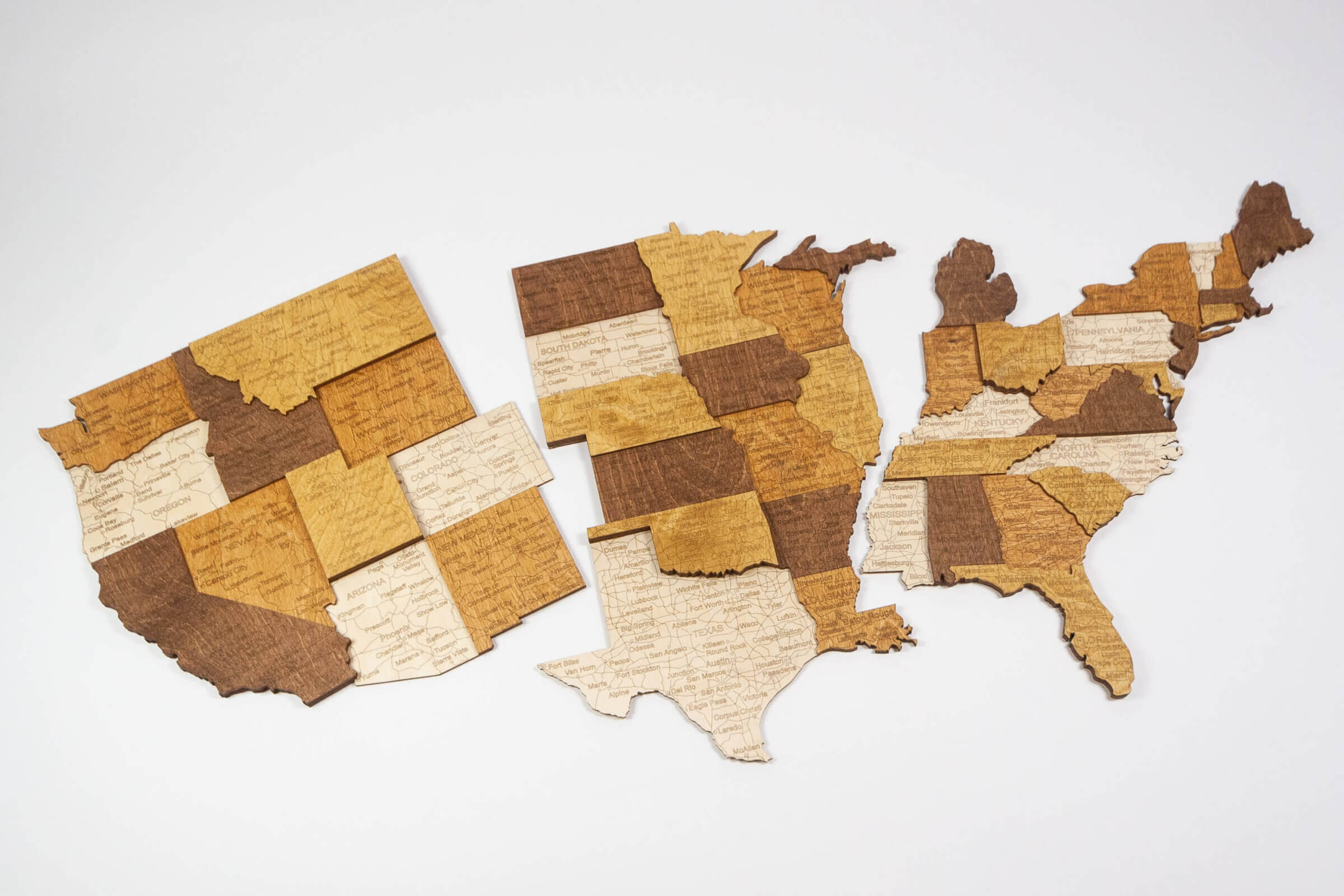 Mapa de madera 3D de EE. UU. - 3 piezas
